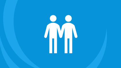 Two people holding hands representing family with cyan blue background.