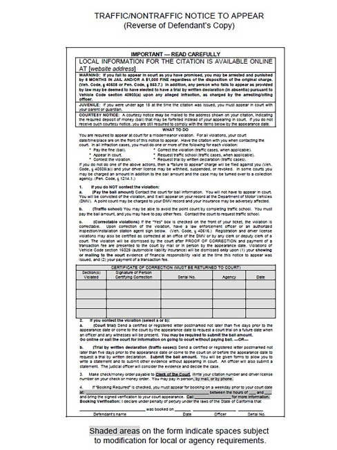 Traffic Citation Notice to Appear-back