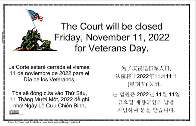 The Superior Court of Alameda County will be closed Friday November 11